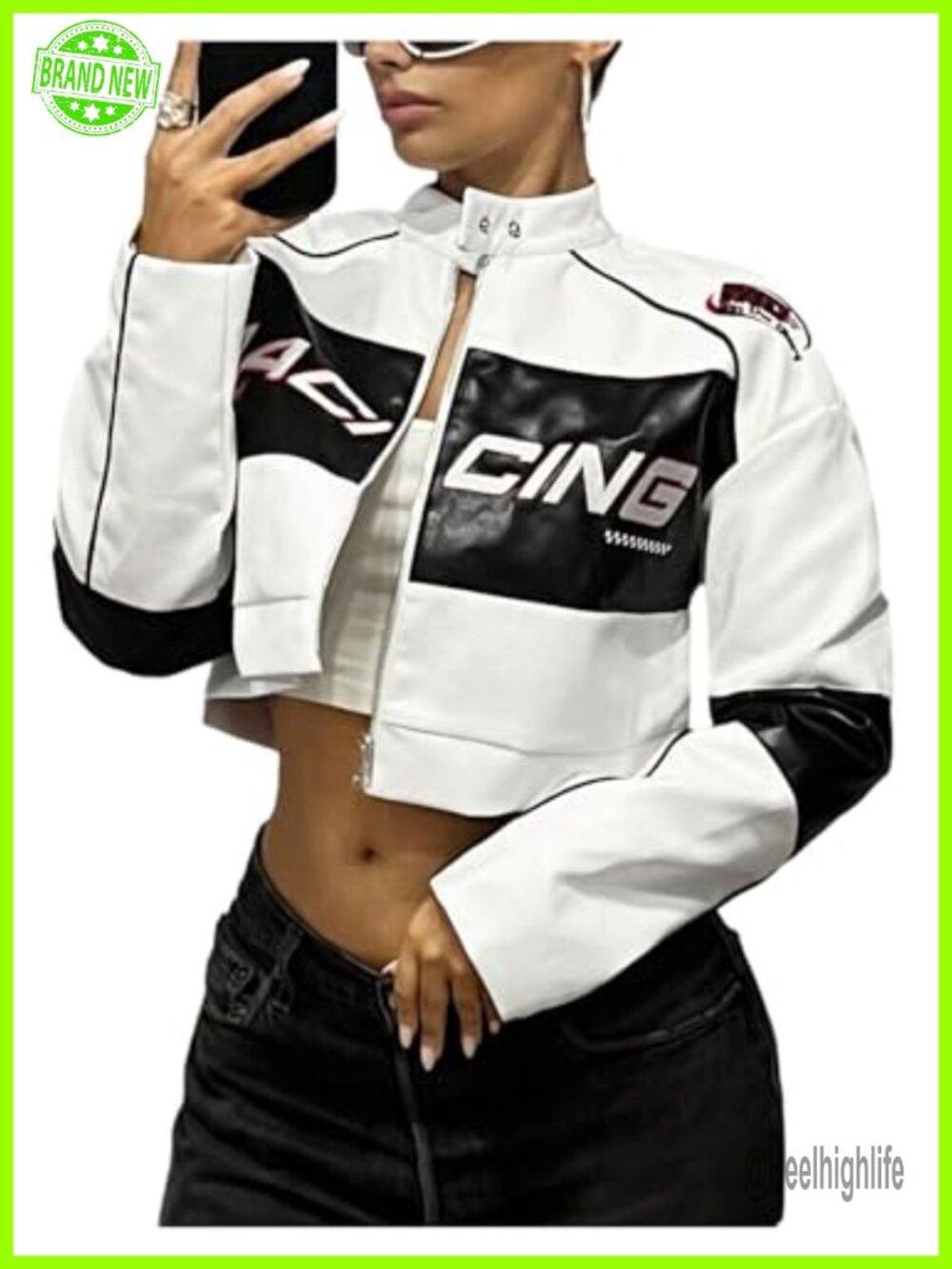 Faux Leather Zip Up Crop Graphic Jacket Y2K Streetwear